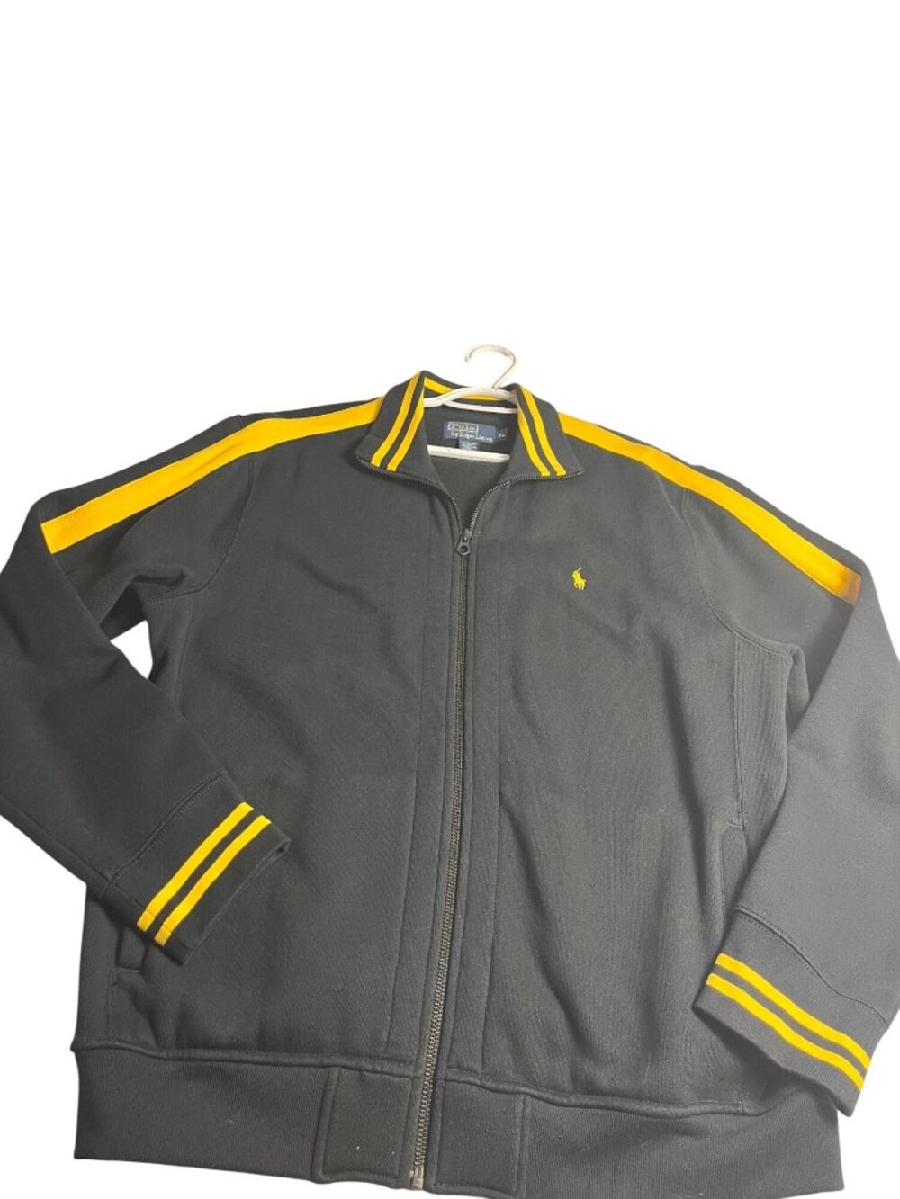 Polo Ralph Lauren XL Mens Black Track Jacket Yellow Stripes Full Zip Mock Neck